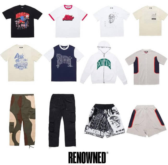 An array of streetwear from Renowned including pants, logo hoodies and tees, and shorts