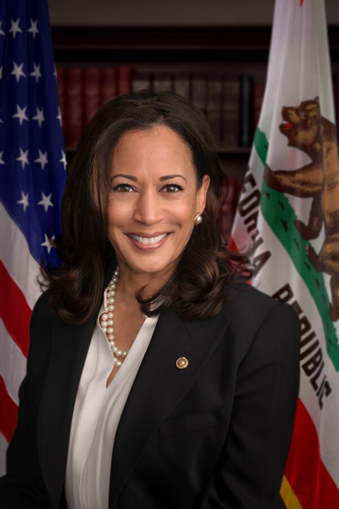 Portrait photo of Kamala Harris in pearl necklace and suit, in front of the United States flag and California flag