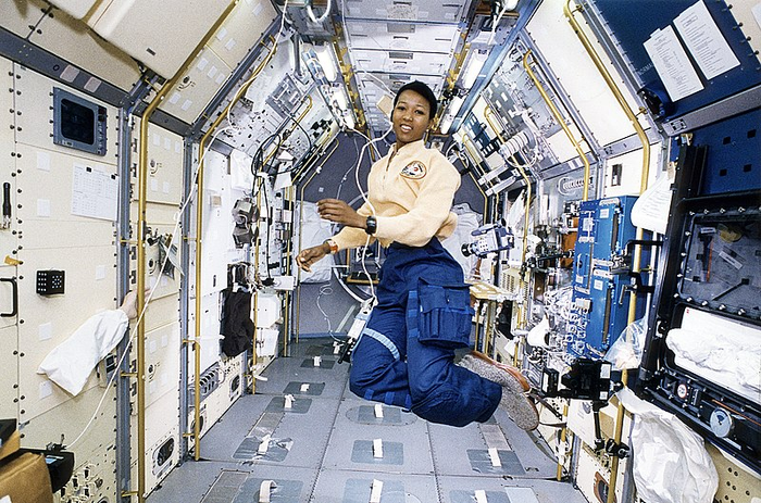 Dr.Mae Jemison at the space station suspended in zero gravity. 