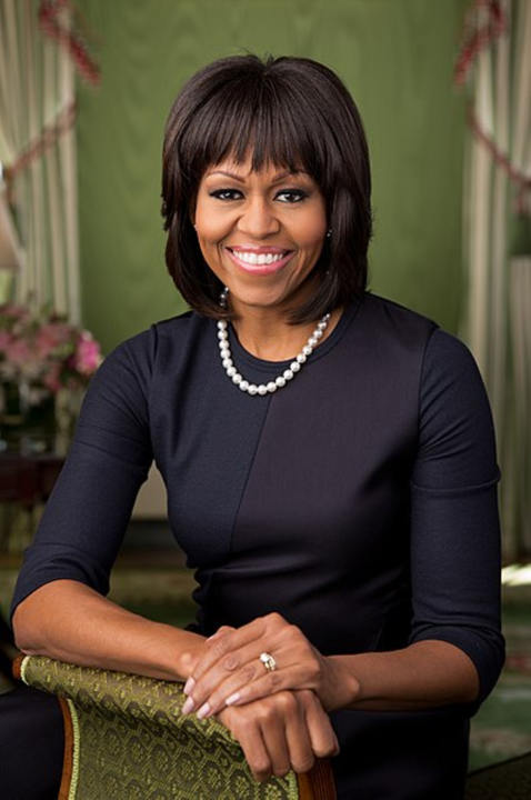 Official portrait of Michelle Obama in black 3/4 length sleeve dress and pearls