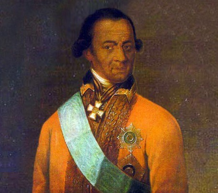 Portrait of Anton Wilhelm Amo in 18th century distinguished attire in wig and medals on his jacket and a sash