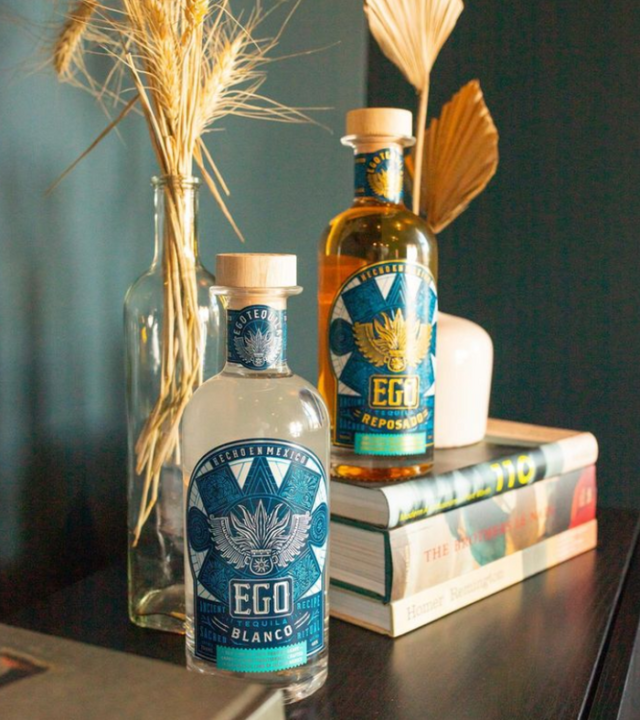 Ego tequila, with a modern bottle and detailed print label