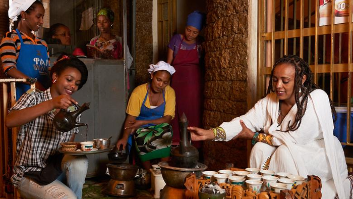 Ethiopian cafe with customers enjoying tea