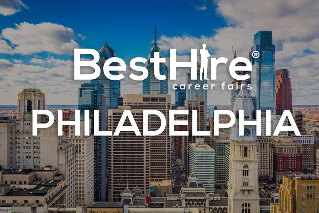 the words "Best Hire Career Fairs Philadelphia" against backdrop of photograph of the city of Philadelphia