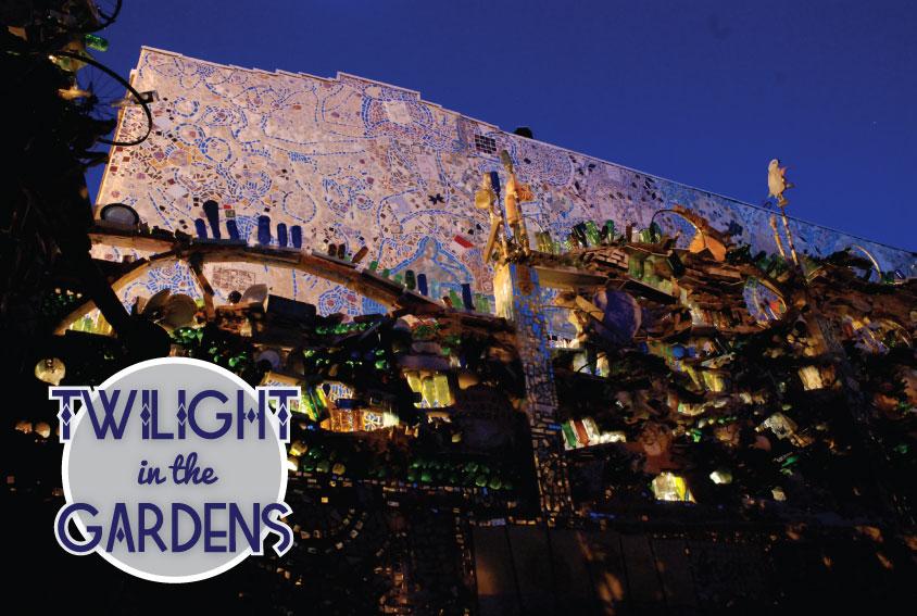 Philadelphia Magic Gardens, a mosaic of tiles, glass, and found objects, illuminated at night