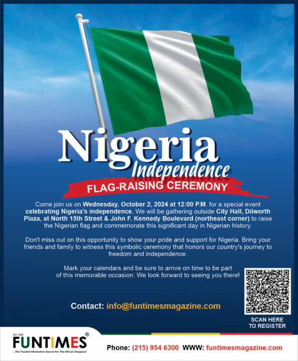 Nigerian flag with the words Nigeria Independence Flag-Raising Ceremony, and a QR code to register