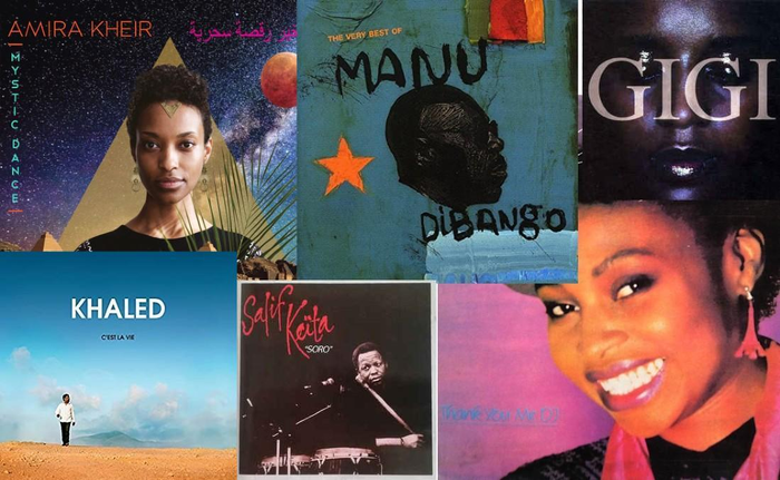 Collage of various African music album covers including Salif Keita, Khaled, Amira Kheir, Manu Dibango, and Gigi