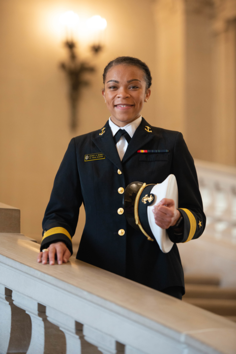 Commander Sydney Barber in formal navy uniform holding hat