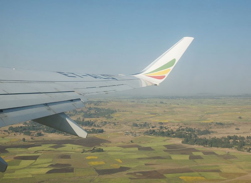 View from airplane flying over Ethiopian farmland