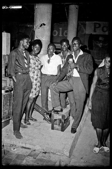 black and white photo of nightclub goers and Tabu Ley Rochereau