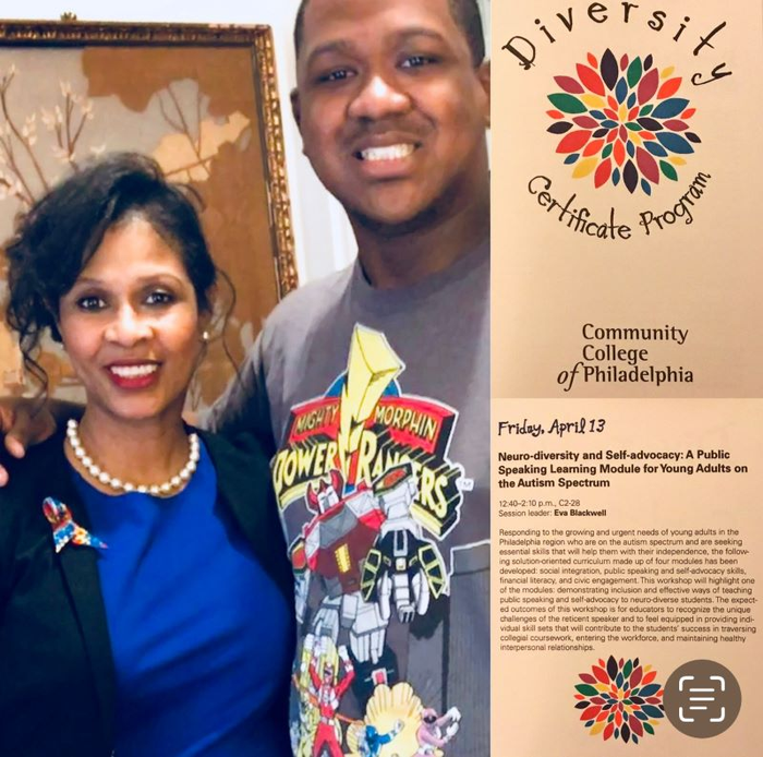 Eva Blackwwell and son Branford in a promotional image for the Diversity Certificate program at the Community College of Philadelphia