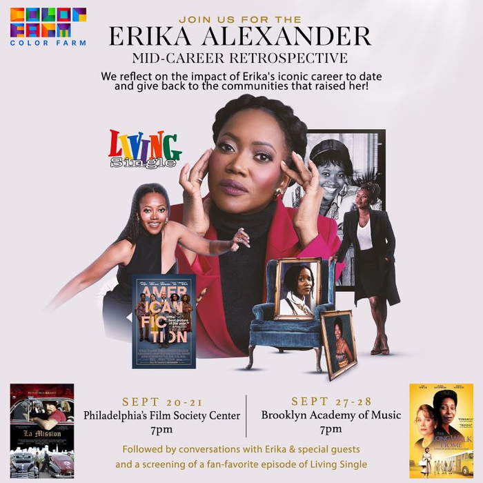 Promotional image Erika Alexander Mid-Career Retrospective, with images of the actress from her various works