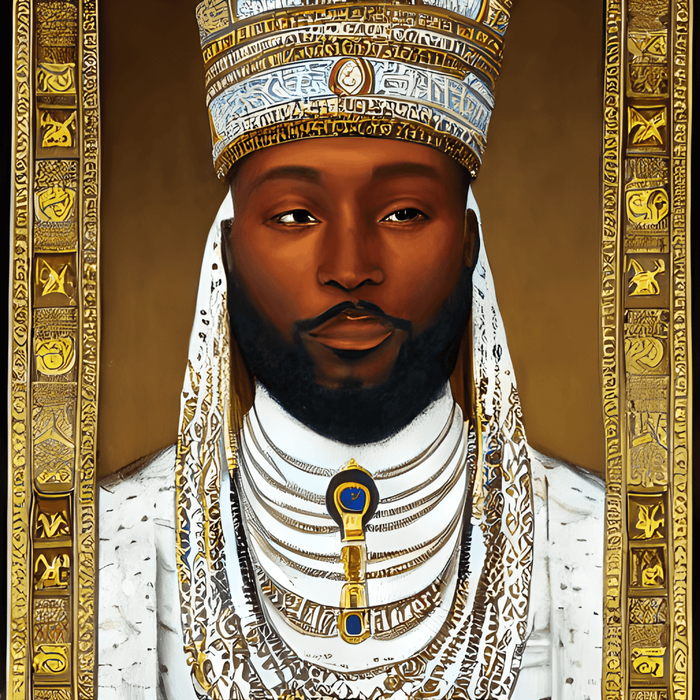 a modern rendition of Mansa Musa- a bearded young African man with headdress, veil, and high-collared robe with jewelry