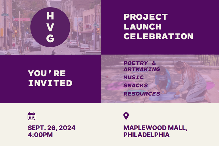 Promotional image for HVG Projecgt Launch Celebration -- Poetry & Artmaking, Music, Snacks, Resources.