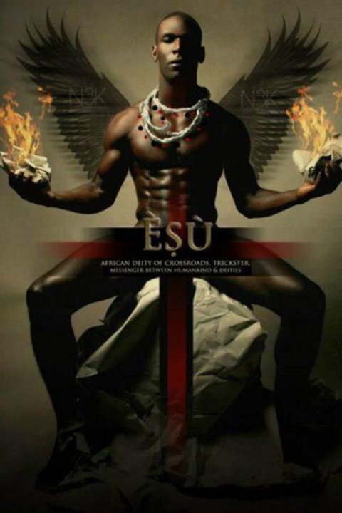 Depiction of Esu, as a man holding conchshells on fire in both hands, and a shadow of wings behind his back. He is wearing a loincloth and necklace