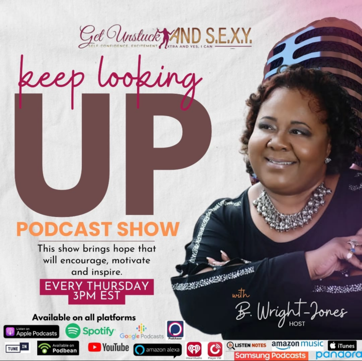 Promotional graphic for "Keep Looking Up" podcast show with photo of B. Wright-Jones, the host.