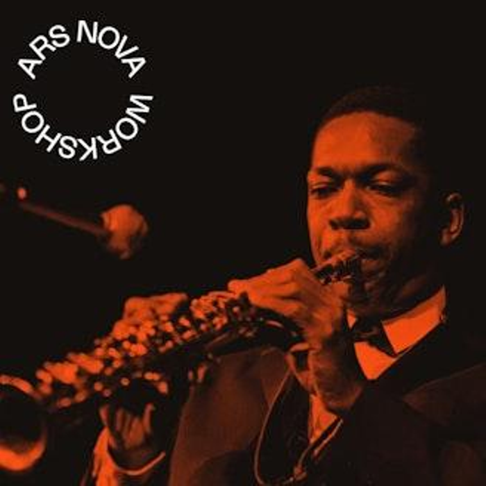 A photograph of John Coltrane performing on the saxophone, with the words Ars Nova Workshop