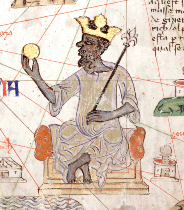 Medieval manuscript illustration of Mansa Musa, wearing a robe, gold crown, and holding a round golden object and sceptre, seated on a throne.