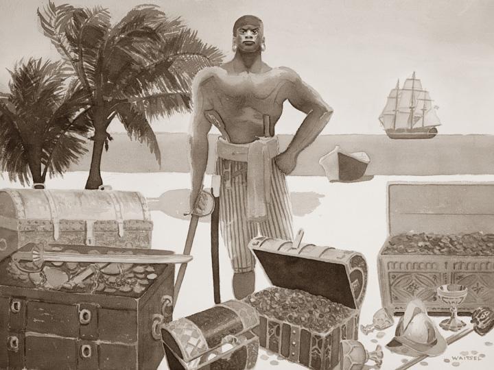 black and white illustration of Black Caesar on an island surrounded by chests of treasure. He is wearing earrings, and carrying two swords and a rifle