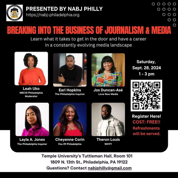 Promotional image for Breaking into the Business of Journalism & Media event, with photos of speakers, and a QR code on the right for registration