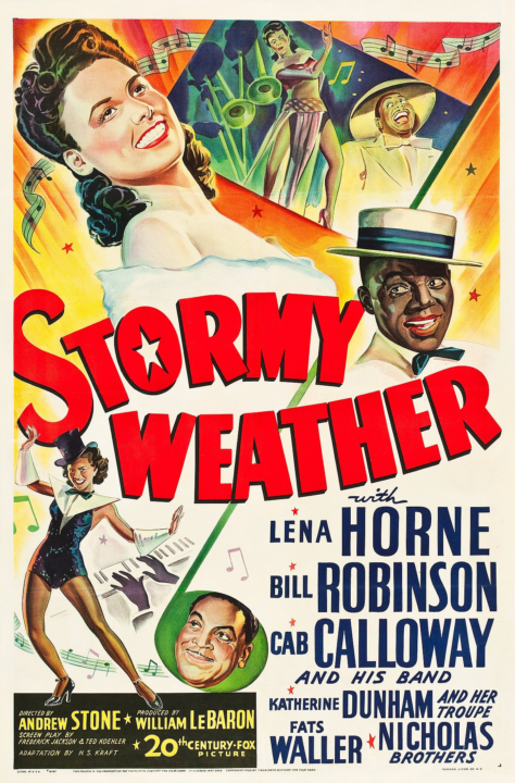 Promotional image for Stormy Weather, with hand-drawn images of the actors and actresses in 1940's performance costume