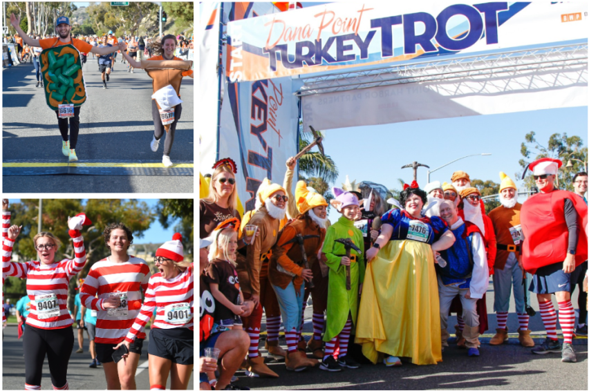 A collage of previous Turkey Trot participants crossing the finish line, wearing costumes like Where's Waldo and Snow White and the Seven Dwarves