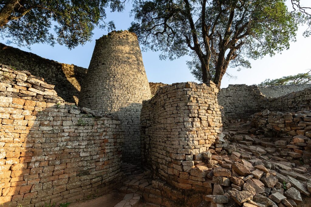 A stone tower and wall at Great Zimbabwe