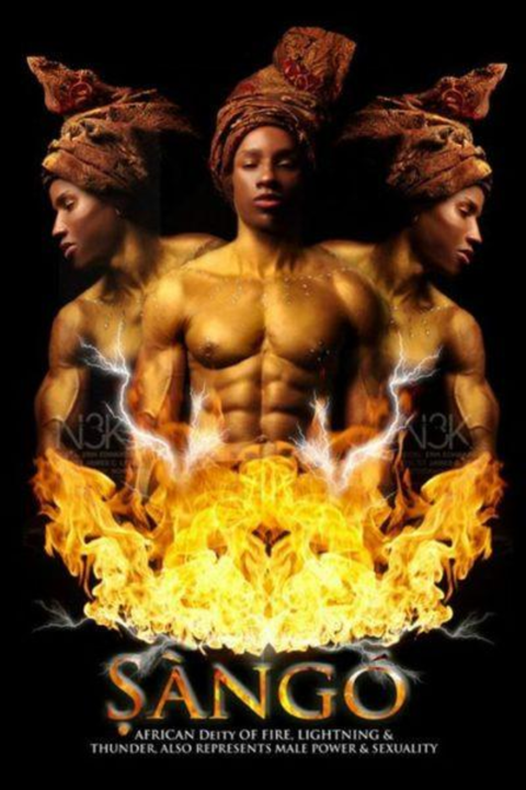 Shango, or Sango, depicted as a man in headwrap with chiseled abs surrounded by fire.