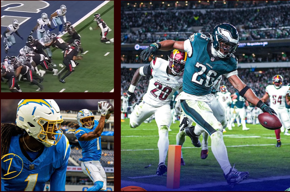 Collage of moments in NFL football. 