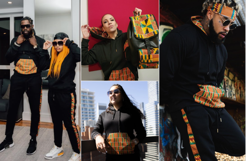 Collage of stylish Black men and women wearing black sweatshirs and sweatpants with kente trim.