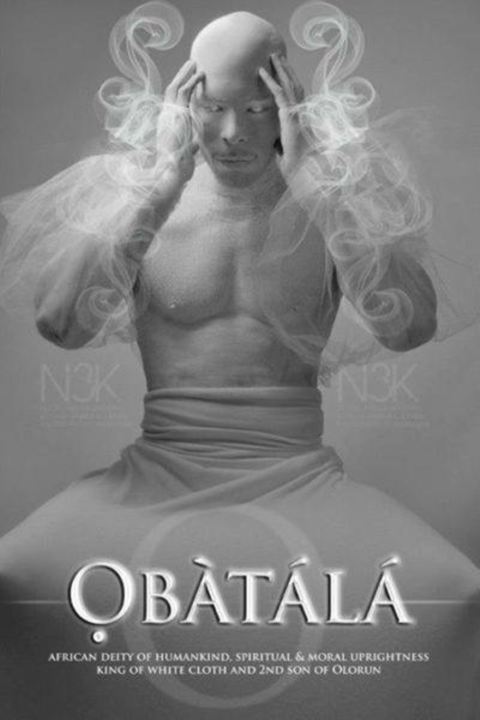 Depiction of Obatala - a man all in white with white eyes, and smoke around his torso. His palms are raised towards his forehead. He is wearing a white cloth around the waist.