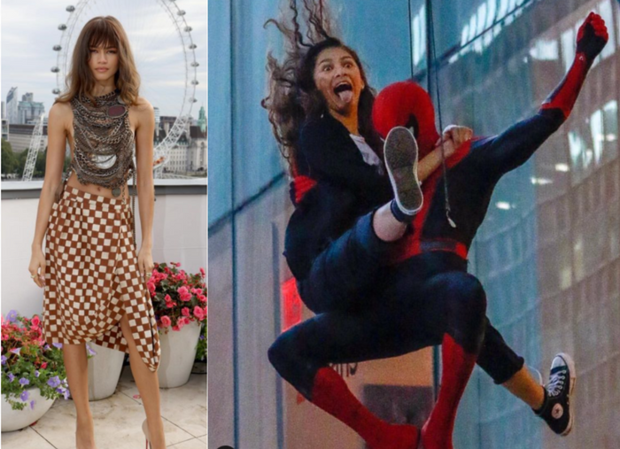 Photo of Zendaya with bangs, a halter top, and a checkered slit skirt with the London Eye in the distance, alongside a photo of her and Tom Holland filming for Spiderman