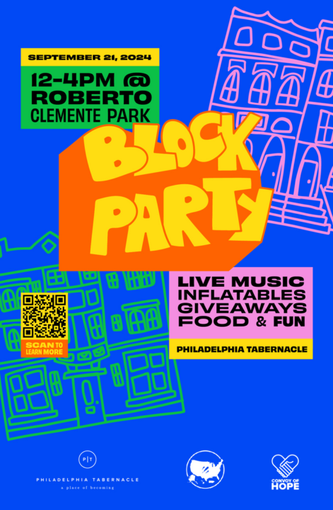 Promotional image for a Block Party, with QR code to the left for more information. The words for Block Party are in a hand-drawn graffiti style, and images of houses are in the background