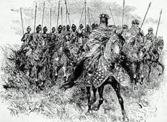 Oyo warriors in military formation on horseback-- drawing or etching.