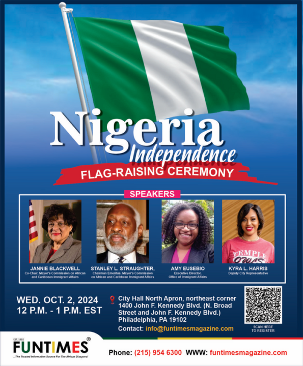 Promotional image for Nigeria Independence Flag-Raising ceremony, featuring four speakers. The Nigerian Flag in the background, and a QR code on the bottom right for more details of the event