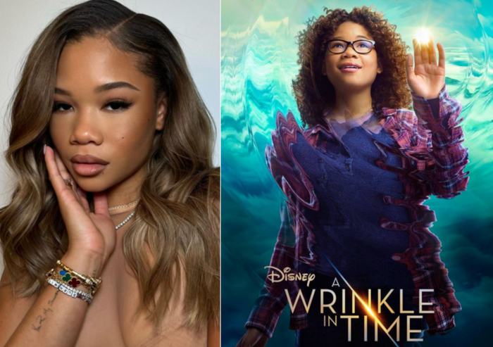 Storm Reid in a selfie-like closeup, alongside promotional image of her as Meg in A Wrinkle in Time