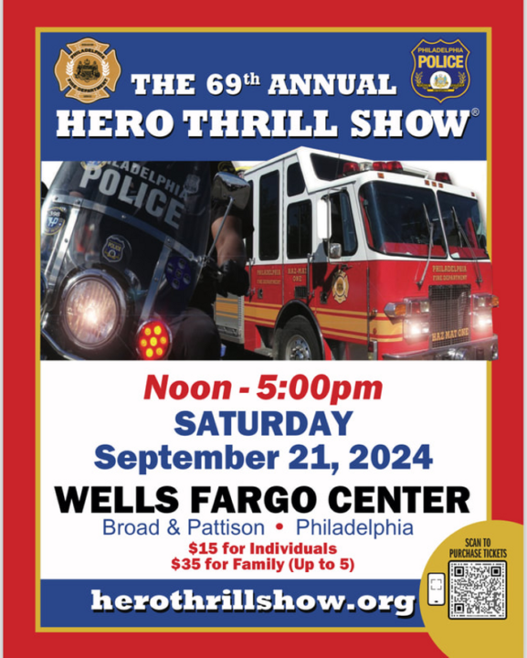 Promotional image for The 69th Annual Hero Thrill show with image of police bike and fire truck.