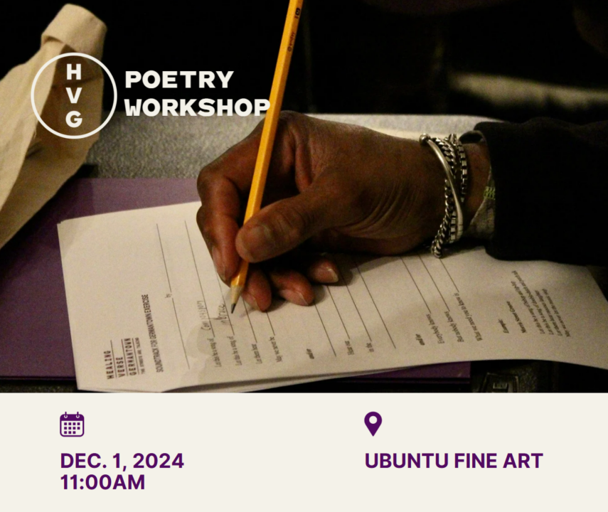 Promotional image for Healing Verse Germantown Poetry workshop, with image of Black person's hand filling out a form