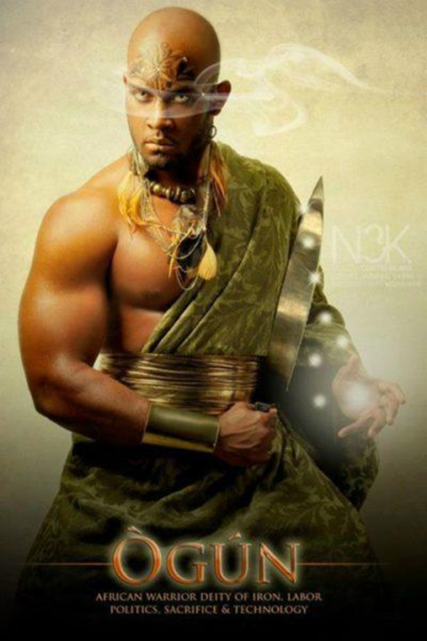 Ogun, depicted as a warrior with a tattooed forehead, wearing wristcuffs and jewelry, and carryinga blade. He wears a cloth draped over his shoulder