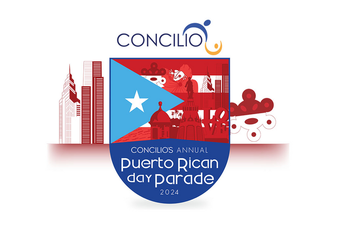 Promo image for Concilios Annual Puerto Rican Day Parade, with a shield featuring the Puerto Rican flag motif, and landmarks of Philadelphia including buildings and the City Hall