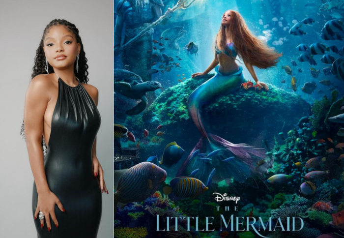 Photo of Halle Bailey in black halter dress, alongside promo image for The Little Mermaid