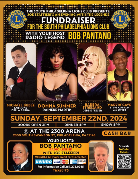 Promotional image for An Evening with the Legends Fundraiser featuring impersonators of Michael Buble, Donna Summer, Barbara Streisand, and Marvin Gaye