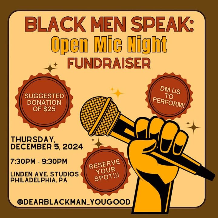 Promotional image for Black Men Speak: Open Mic Night Fundraiser with event details also written below