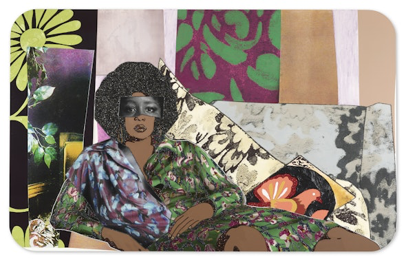 A collage art of an African American woman in a shirt with multiple patterns reclining on a sofa