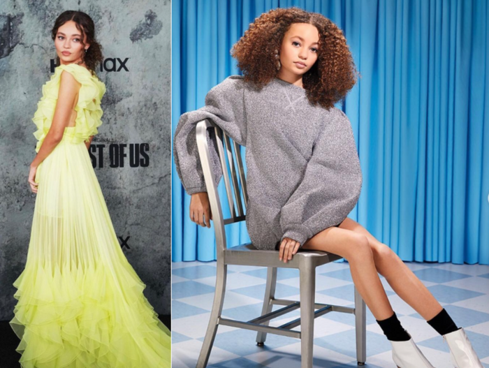 Nico Parker wearing a yellow tulle gown with ruffles at an event, alongside another photo of her seated on an aluminum chair wearing an oversized sweater.