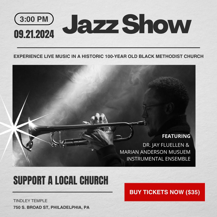 Promotional image for Jazz Show, with a black and white photo of a trumpet player