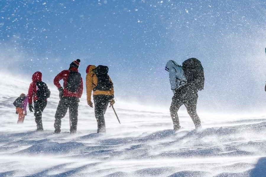 A group of trekkers walking in the snow in bright sunlight