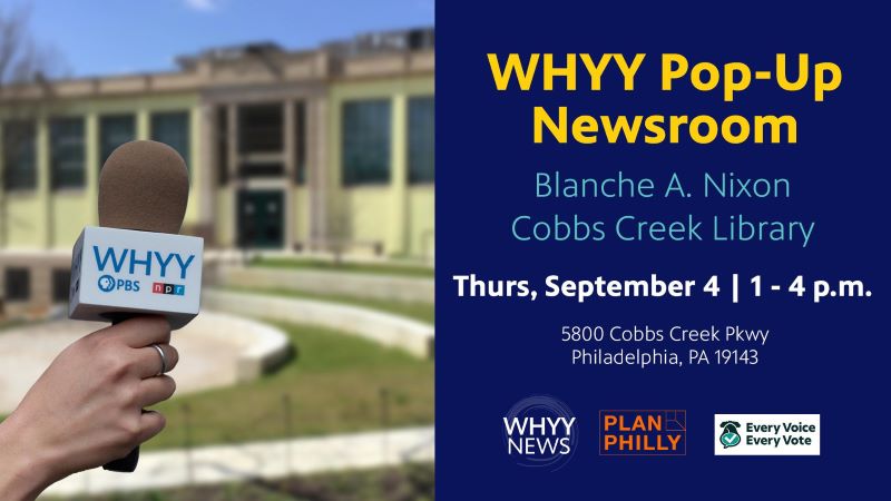 graphic for WHYY Pop-Up Newsroom, with photo of hand holding microphone with WHYY logo