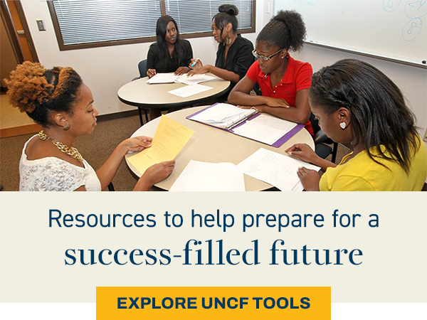 photo of a group of Black students with the text "Resources to help prepare for a success-filled future Explore UNCF Tools"