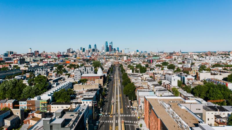 a semi-aerial view of Philadelphia's cityscape